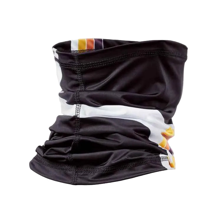 Black neck gaiter with colorful design on a white background