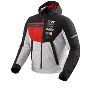Black, gray, and red jacket with brand logos on a white background
