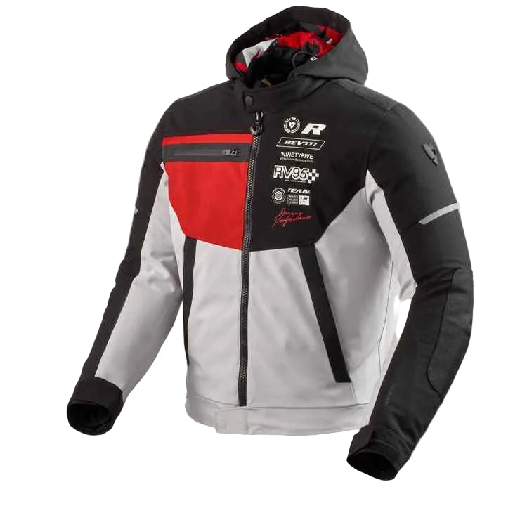 Black, gray, and red jacket with brand logos on a white background
