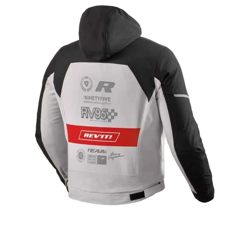 Gray and black hoodie with brand logos on a light gray background