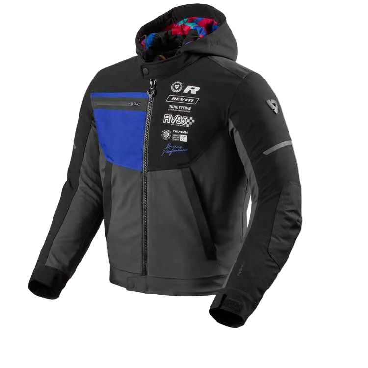Black jacket with blue accents and brand logos on a white background