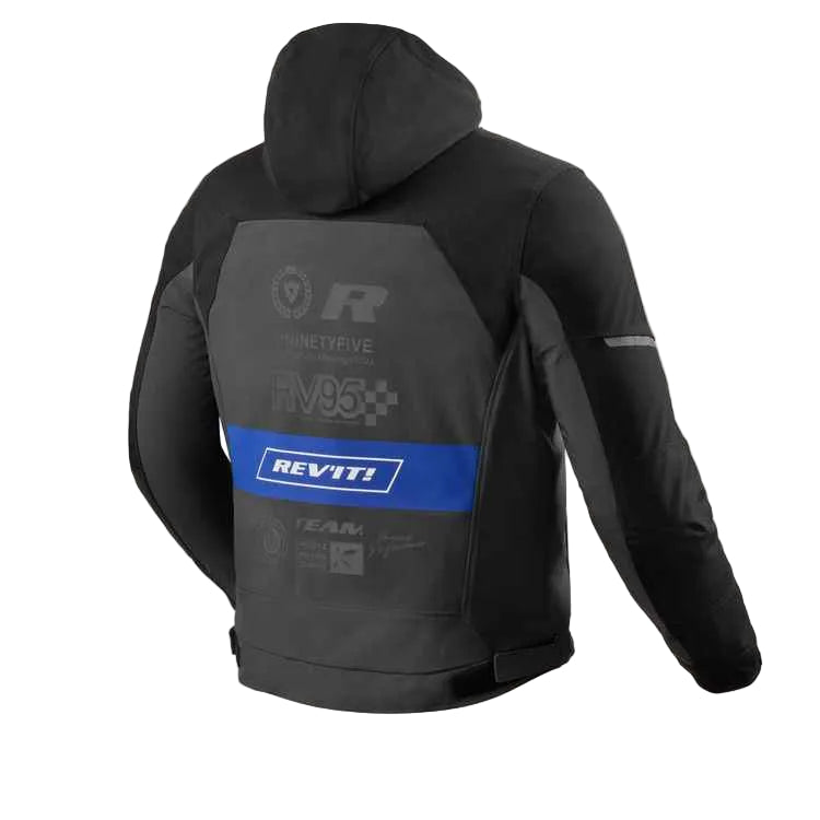 Black and gray jacket with branding on a light gray background