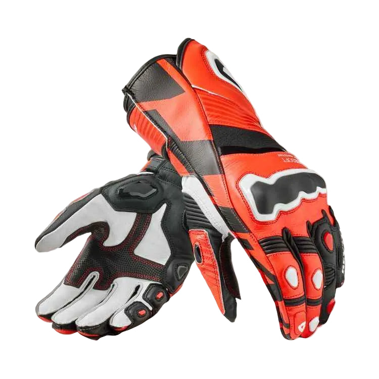 Pair of red, black, and white motorcycle gloves on a light gray background
