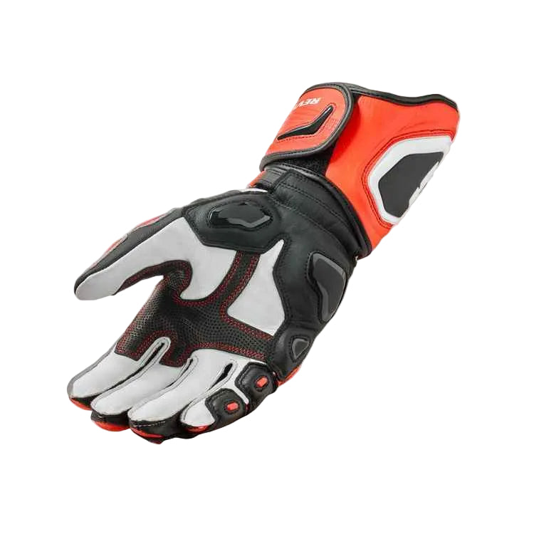 Motorcycle glove with red, black, and white design on a light gray background