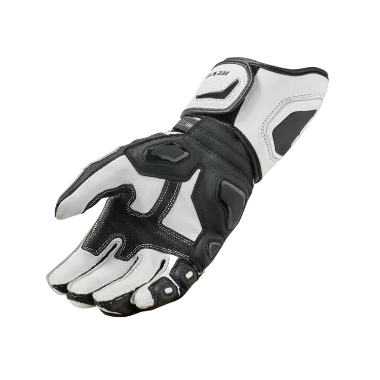 Black and white motorcycle glove on a light gray background