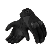 A pair of black tactical gloves shown against a light beige background, with one glove displaying the back of the hand and the other showing the palm side.