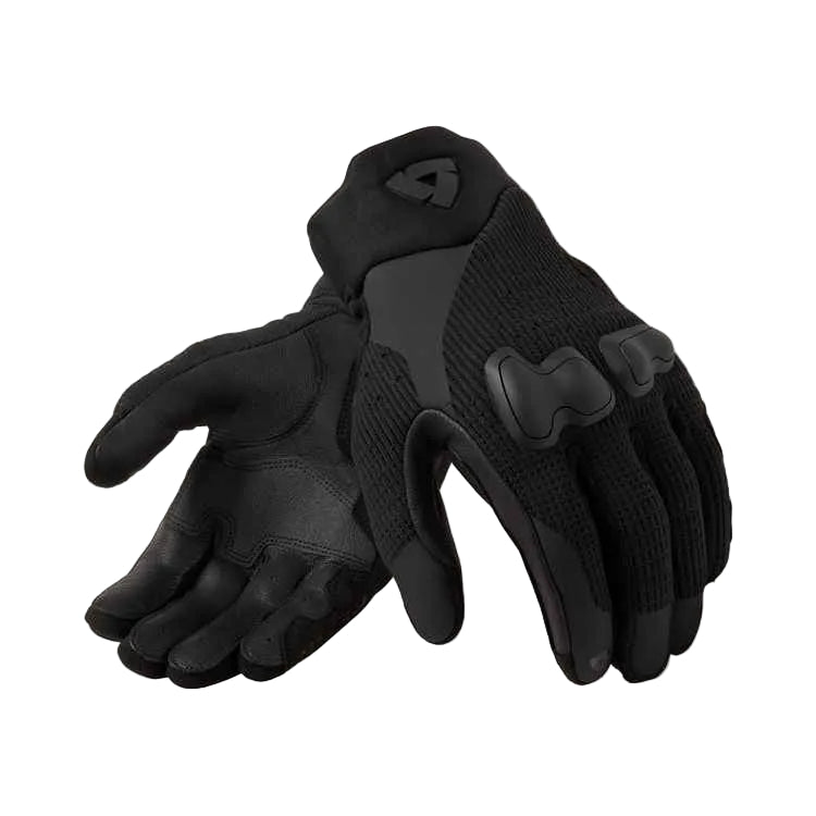 A pair of black tactical gloves shown against a light beige background, with one glove displaying the back of the hand and the other showing the palm side.
