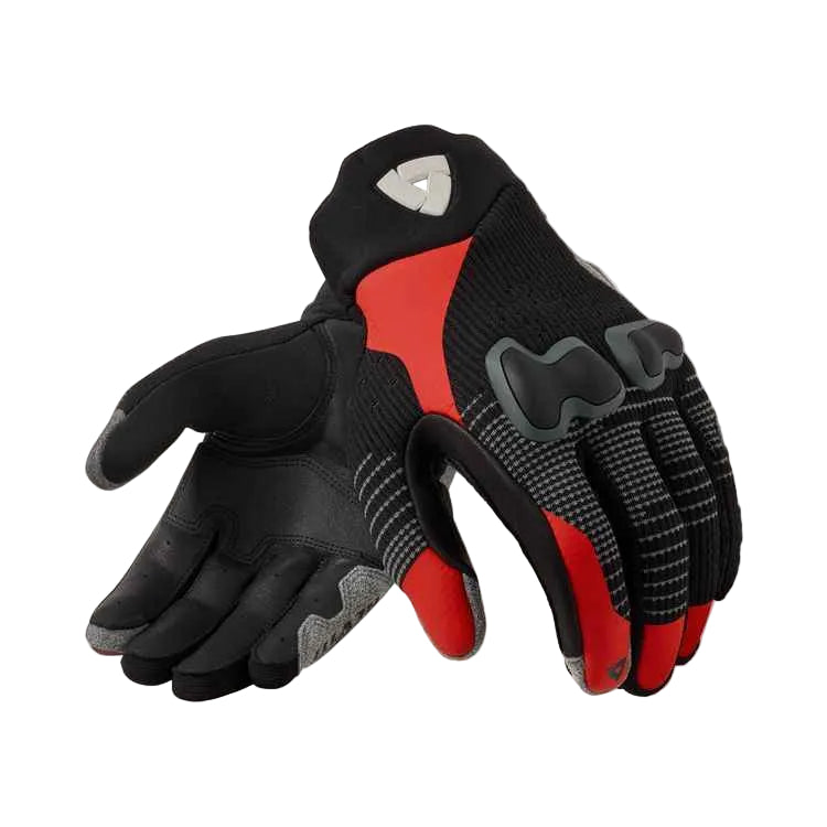 Black and red gloves with a brand logo on a light gray background