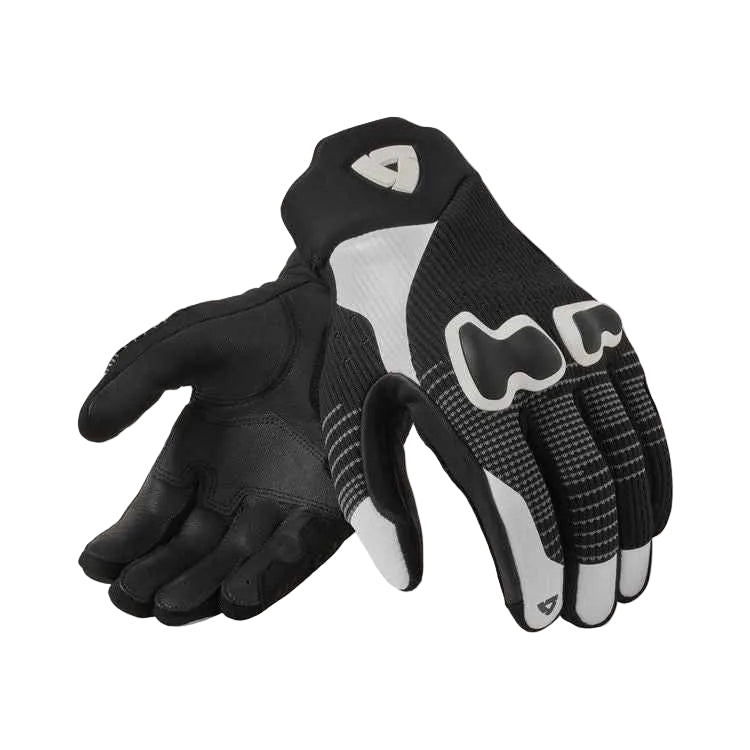Black and gray gloves with a brand logo on a light gray background