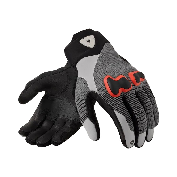 Pair of black and gray gloves with red accents on a white background