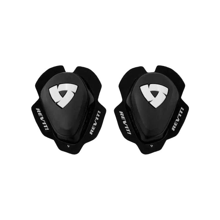 Pair of black knee pads with 'REV'IT!' branding on a light gray background