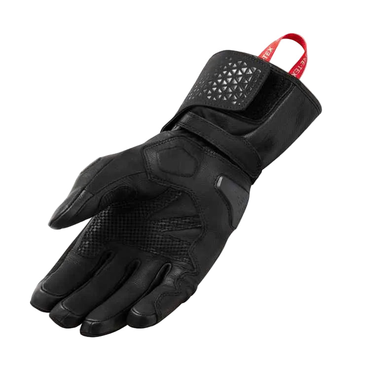 Black motorcycle glove with textured palm on a white background