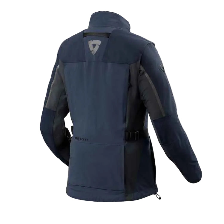 Navy blue jacket with black accents on a white background