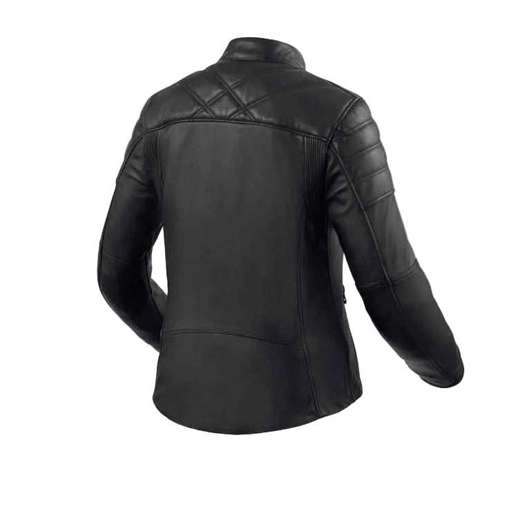 Black leather motorcycle jacket shown from the back, featuring quilted stitching on the upper back and shoulders, displayed on a light beige background.