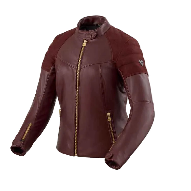 Brown leather jacket with gold zippers on a light gray background