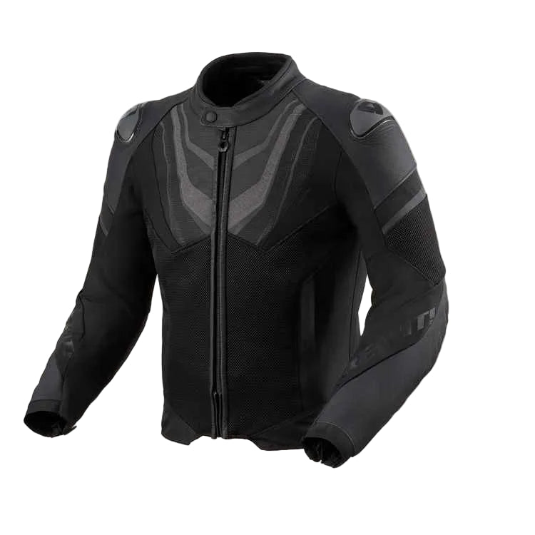 Black motorcycle jacket with gray accents on a light gray background