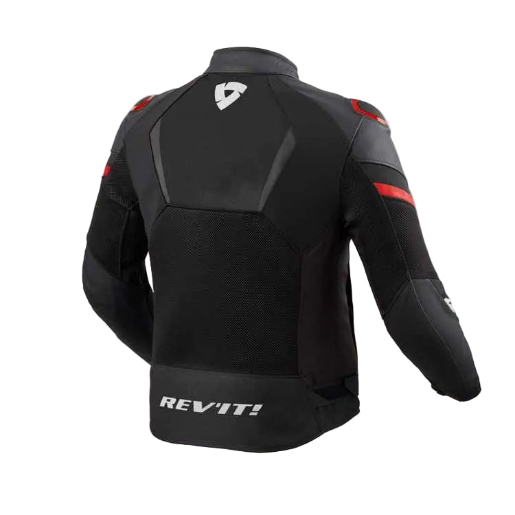 Black motorcycle jacket with red accents and protective armor padding, shown from the back on a light beige background. The brand name REVIT! is printed in white on the lower back.