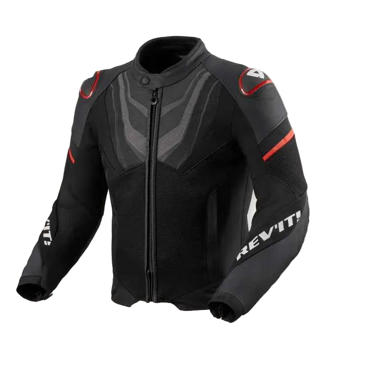 Black motorcycle jacket with red accents on a white background