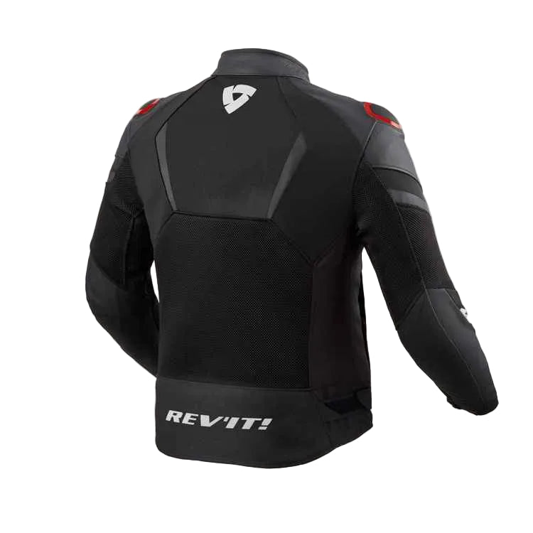 Black REV'IT! motorcycle jacket shown from the back, featuring gray shoulder panels, red shoulder protectors, and a white brand logo on the back.