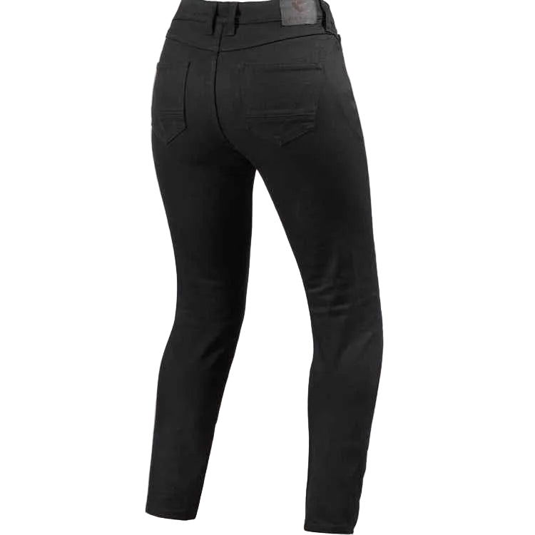 Black slim-fit jeans shown from the back, featuring a high waist, belt loops, and two angled back pockets, photographed against a light off-white background.