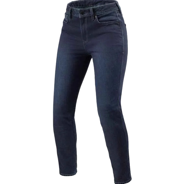 Dark blue slim-fit jeans shown on a headless mannequin form against a light beige background.