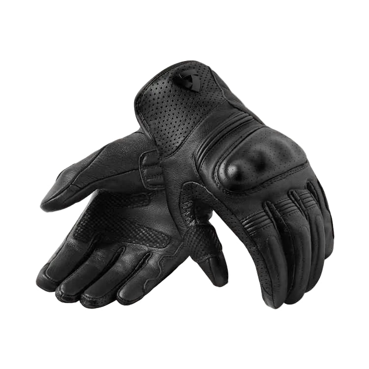 Black motorcycle glove on a light gray background