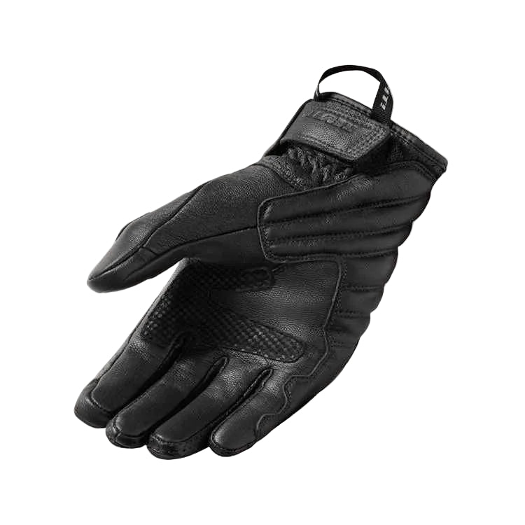 Black motorcycle glove on a light gray background