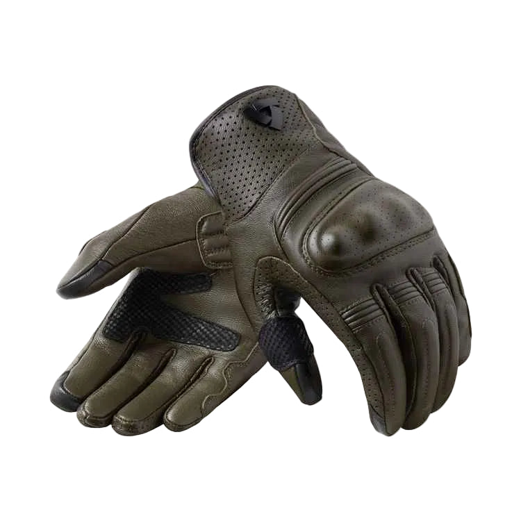 A pair of dark olive green leather motorcycle gloves with black accents on the fingertips, palms, and wrist area, displayed against a light beige background.