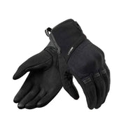 A pair of black winter gloves, one showing the palm side and the other showing the back of the hand, on a light beige background.