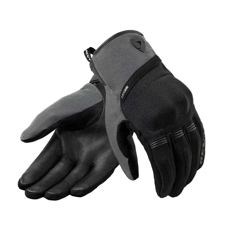 A pair of black and gray winter gloves shown against a light off-white background. One glove is oriented to show the back of the hand with a gray cuff and black palm, while the other shows the palm side with black fingertips and a gray back.