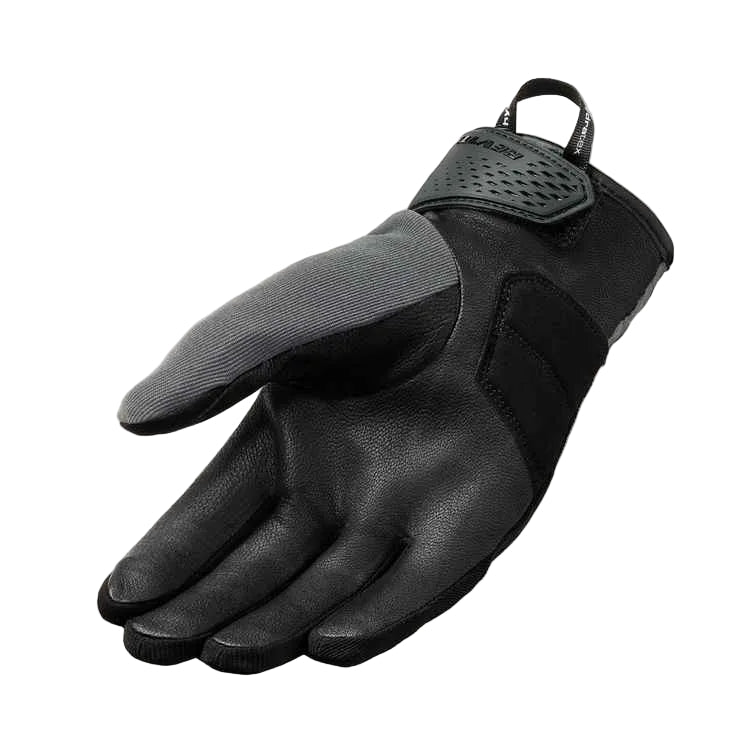 A single black work glove with a gray textured palm and a black perforated wrist strap, shown on a light beige background.