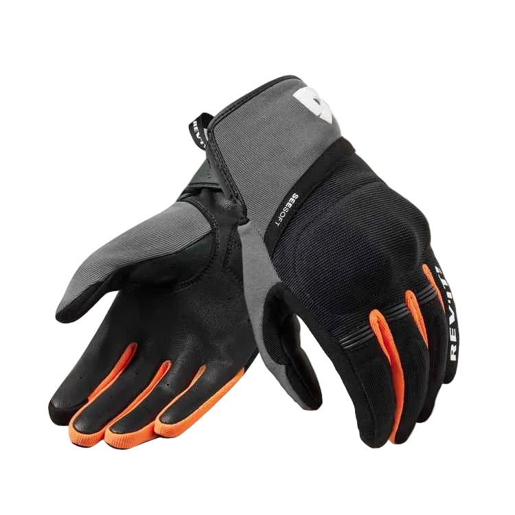 Pair of black and gray gloves with orange accents on a white background