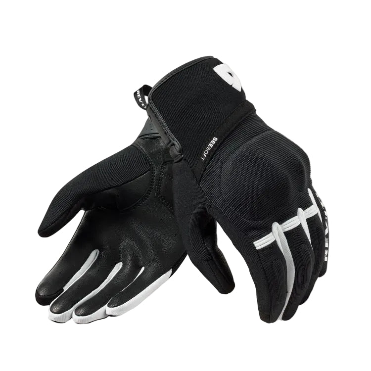 Black gloves with white accents on a light gray background