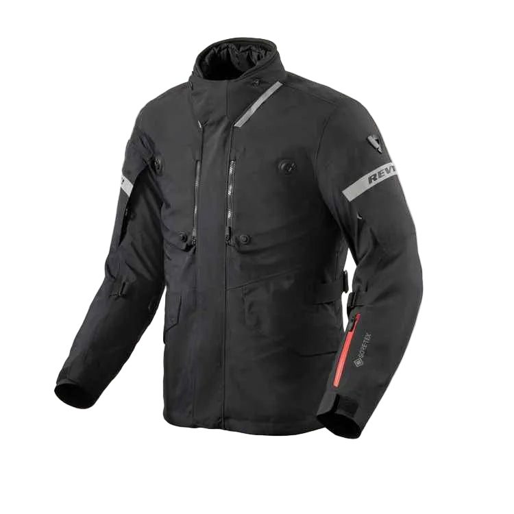 Black motorcycle jacket with brand logo on a light gray background