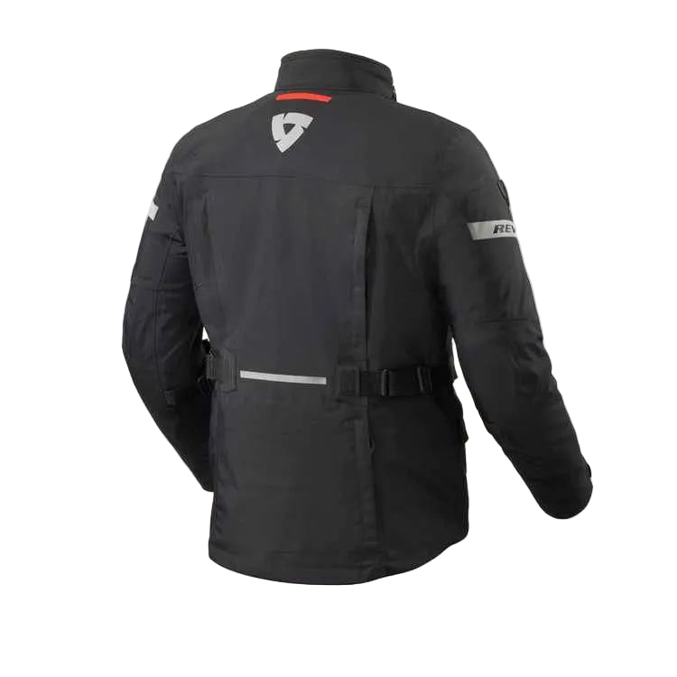 Black motorcycle jacket with a brand logo on the back against a light gray background