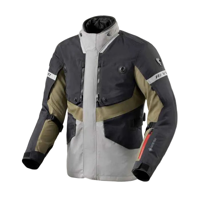 Multicolored jacket with gray, black, and beige sections on a white background