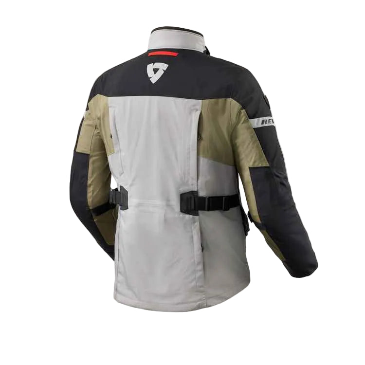 Motorcycle jacket with black, gray, and beige color scheme on a white background