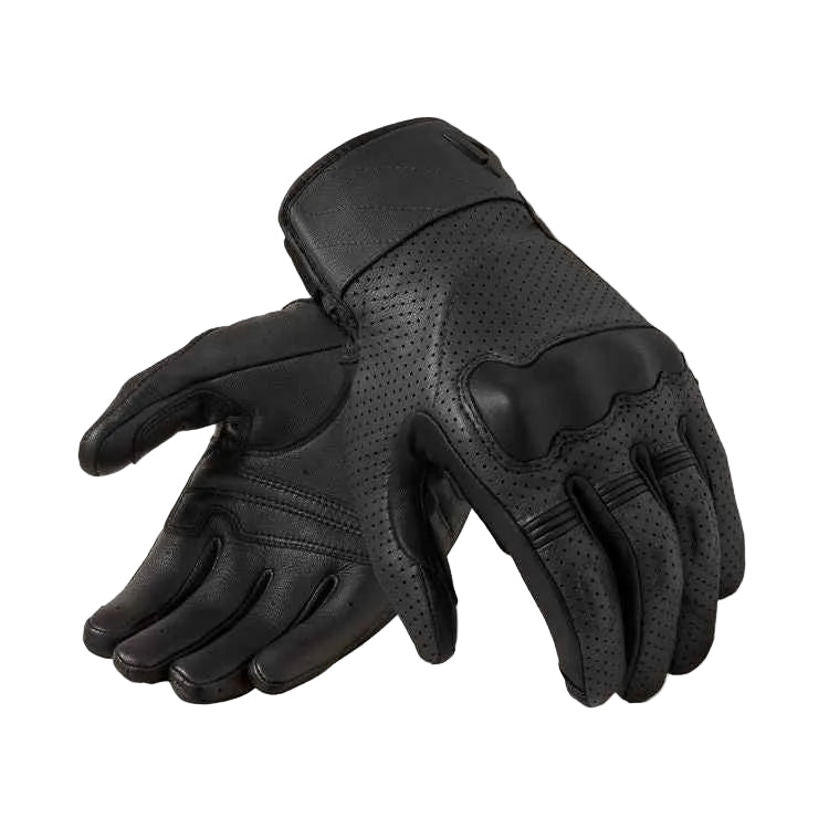 Pair of black leather gloves on a light gray background