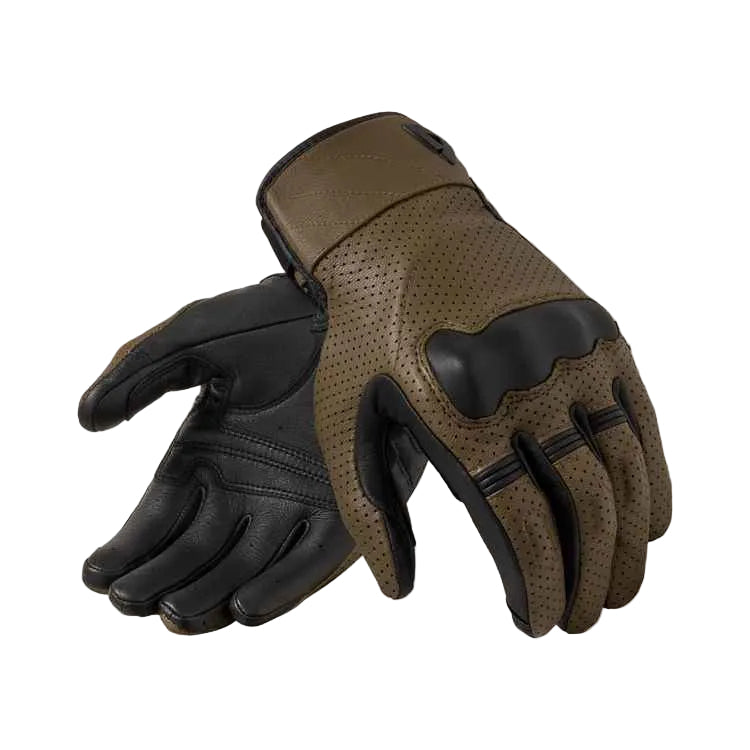 A pair of motorcycle gloves, one showing the back of the hand in black leather and the other showing the palm in brown perforated leather with black protective panels, set against a light beige background.