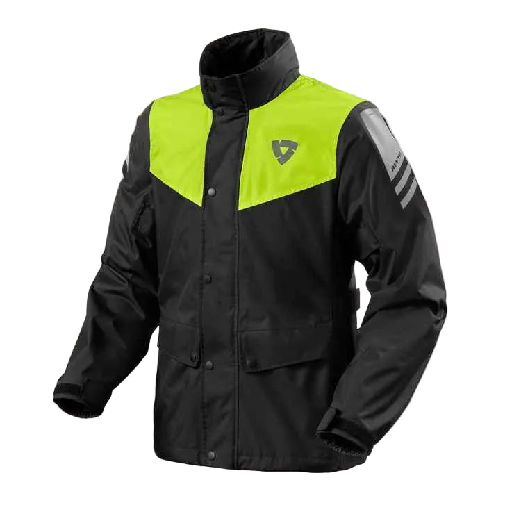 Black and green jacket with a brand logo on a light gray background
