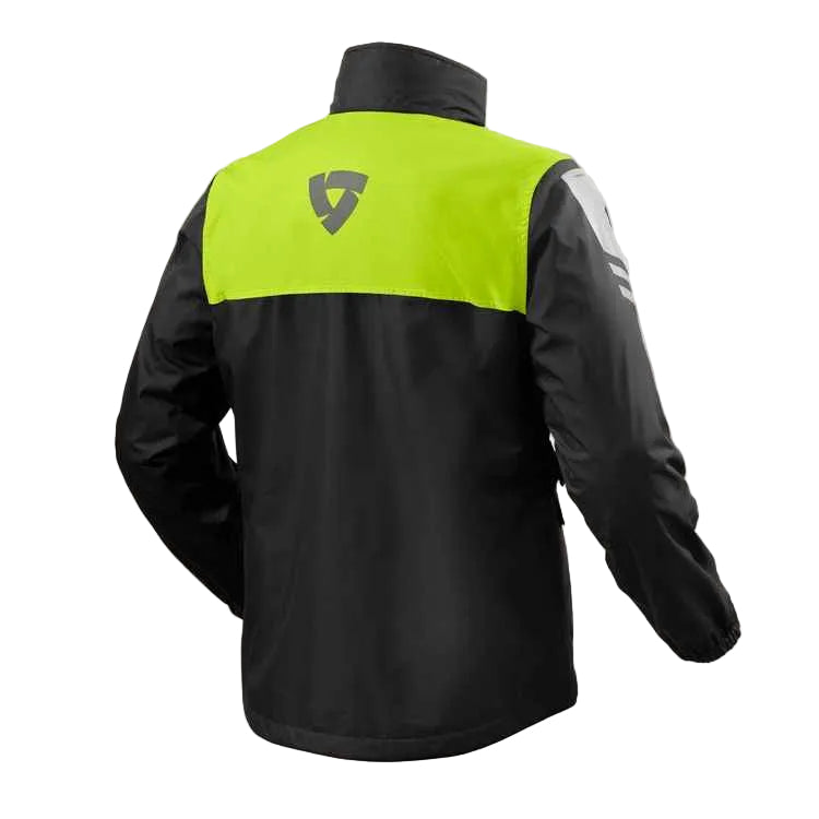 Black and green jacket with a logo on the back against a light gray background