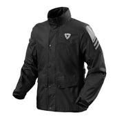 Black jacket with a brand logo on a light gray background