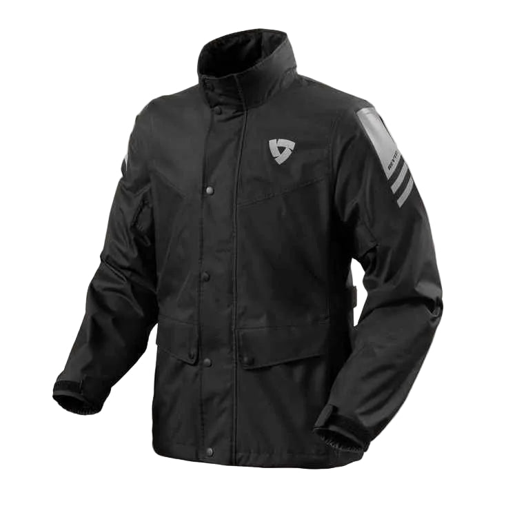Black jacket with a brand logo on a light gray background