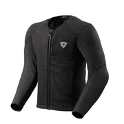 Black motorcycle jacket with a brand logo on a light gray background