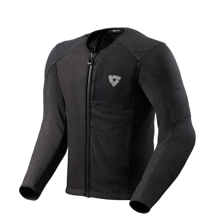 Black motorcycle jacket with a brand logo on a light gray background
