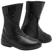 Pair of black motorcycle boots on a white background