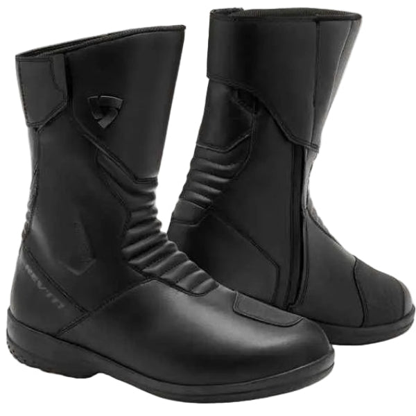 Pair of black motorcycle boots on a white background