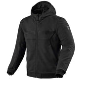 Black jacket with a hood on a light gray background