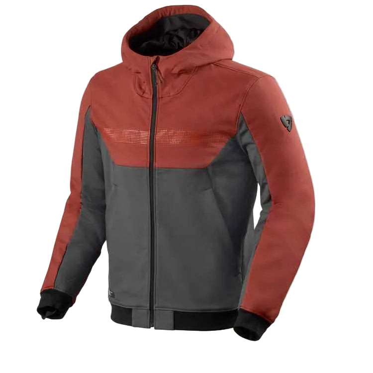 Red and gray jacket with a hood on a white background