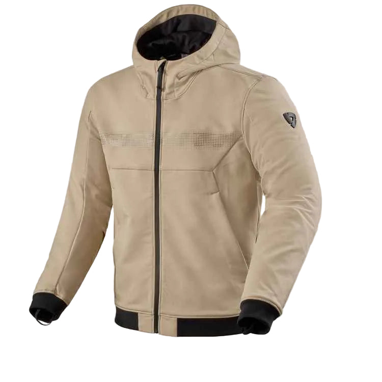 Beige jacket with black accents on a light gray background